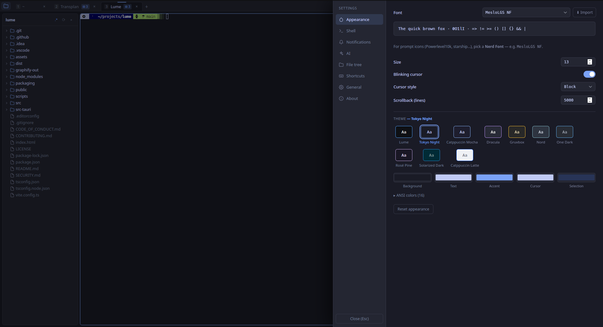 Settings in Lume
